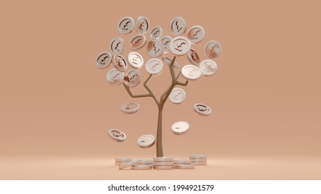 3d Rendering Concept Of Financial Growth. Money Tree With Coins Falling Down On Background. 3D Render. 3D Illustration. Pound Sterling.