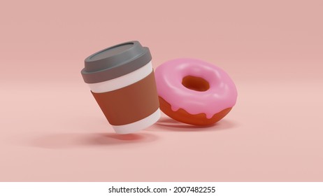 3d Rendering concept of food, American breakfast. A cup of coffee with a doughnut on pink background. 3D Render. 3D illustration. Minimal design template.
