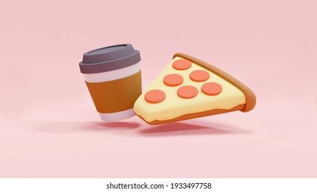 3D Rendering Concept Of Food: 3d Render Of A Slide Of Pizza And A Cup Of Coffee. 
