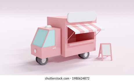 3D Rendering Concept Of Food: A Food Truck With A Blank Sign For Commercial Design On Background. 3D Render. 3D Illustration.