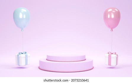 3D Rendering concept of gender reveal, baby shower, birthday party. blue and pink pastel balloons and gift with podium white background. 3D Render. 3D illustration. - Powered by Shutterstock