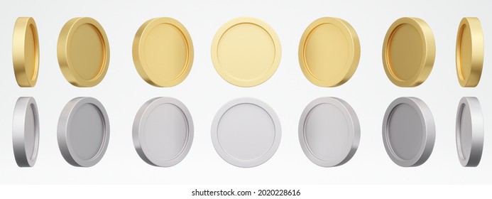 3D Rendering concept of golden and silver coins. Set of spinning gold silver coins in many views rotate in different angles isolated on white background. 3D Render. 3d illustration. 