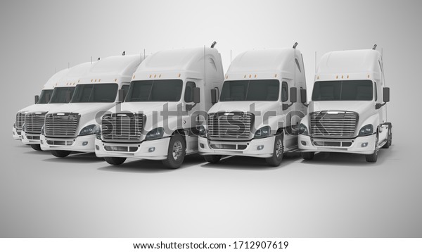 3d\
rendering of concept of group of white trucks for long distance\
trucking side view on gray background with\
shadow