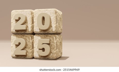 3d rendering. Concept Happy New Year 2025 with cube wood blocks on nude background.