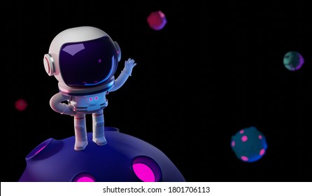 3D Rendering Concept Illustration Of Astronaut Character Standing On Strange Planet In The Galaxy