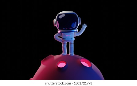 3D Rendering Concept Illustration Of Astronaut Character Standing On Strange Planet Waving Hand Isolated On Black Color Background