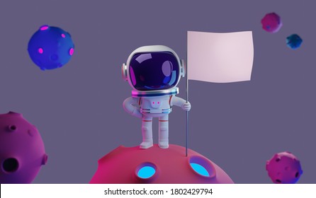 3D Rendering Concept Illustration Of Astronaut Character Standing On Strange Planet Holding Flagpole