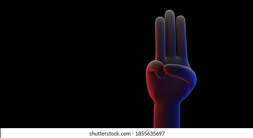 3d Rendering Concept Illustration Of A Hand Showing 3 Fingers Gesture, Political Symbolic, On Black Color Background