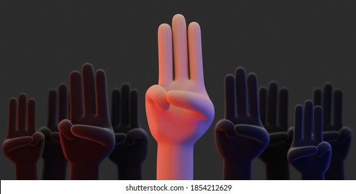 3d Rendering Concept Illustration Of Many Hands Showing 3 Fingers Gesture, Political Symbolic, On Black Color Background