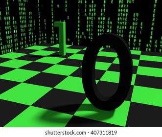 3d rendering of concept illustration: the one and zero bits are fighting on a chessboard