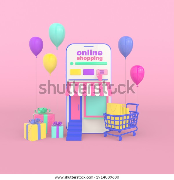 3d rendering\
concept illustration of online shopping in smartphone. \
The\
picture shows: phone, balloons, shopping trolley, bags and boxes.\
Modern trendy design bright\
colors.