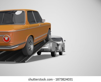 3d rendering concept of loading car on tow truck isolated rear view on gray background with shadow