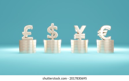 3D Rendering Concept Of Money Currencies. Fiat Currency Symbols On Stack Of Coins On Background. Symbols Us Dollar, Pound , Euro, Japan Yen. 3D Render. 3d Illustration. 