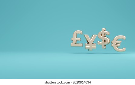 3D Rendering Concept Of Money Currencies. Fiat Currency Symbols With Space For Text On Background. Symbols Us Dollar, Euro, Japan Yen. 3D Render. 