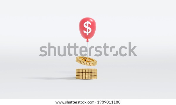 3D Rendering concept of\
money inflation. A golden dollar coin is raised up by a dollar\
symbol \