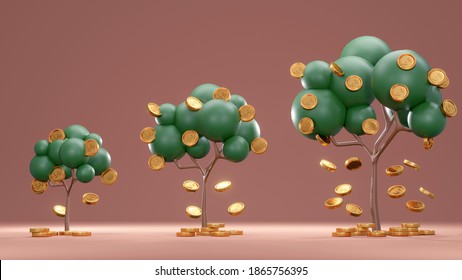 3D Rendering concept of money investment. Trees with coins falling down from small to big on background. 3D Render.