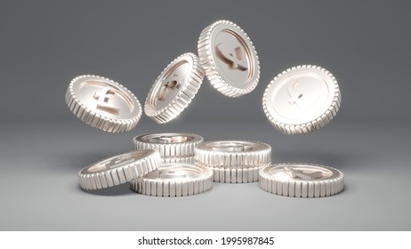 3D Rendering Concept Of Money Investment, Money Rain. Sterling Pound Coins Falling Down On Background. 3D Render. 3D Illustration. Pound Sterling.