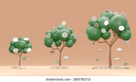 3D Rendering Concept Of Money Investment, Money Tree Pound Sterling. Trees With Coins Falling Down Arrange From Small To Big On Background. 3D Render. 3D Illustration.