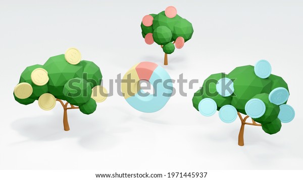 3D Rendering\
concept of Money investment: money trees with coins and a pie chart\
on white background. 3D\
Render.