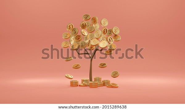 3D rendering concept of money\
investment, savings, growth, business. A money tree with golden\
coin leaves falling down on background. 3d render. 3D illustration.\
