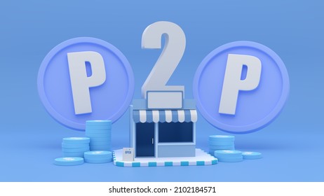 3d rendering concept P2P shop or Peer to Peer coin shop. Concept blockchain technology illustration.