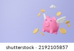 3D Rendering Concept piggy bank symbols icon. Flying piggybank and coins. isolated theme purple free space