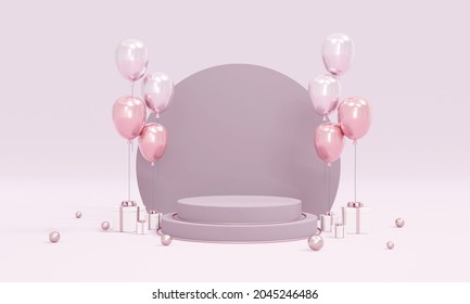3D Rendering concept of podium product display with balloons purple theme on background for commercial design. 3D Render.
