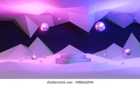 3D Rendering concept of product display. Blank product stand podium with red and purple LED light on element background. Futuristic concept. 3d rendering. illustration.