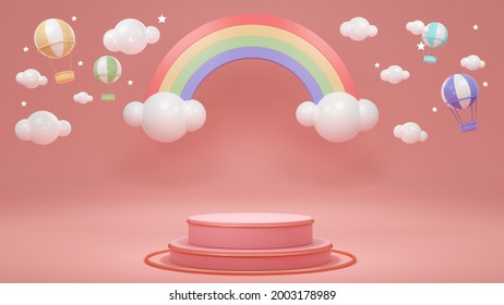 3D Rendering Concept Of Rainbow Podium. Product Stand Podium Display With Rainbow Clouds Hot Air Balloons And Stars On Background For Commercial Design. Minimal Pink Theme. 3D Render. 3D Illustration.