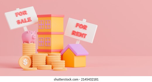 3d rendering concept real estate investment illustration. Stack of coin with house, building and piggy bank.