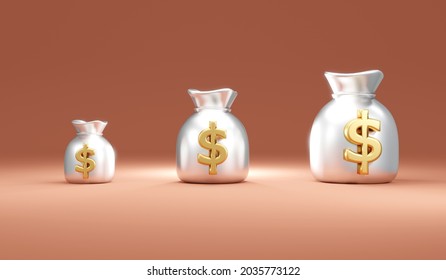 3D Rendering Concept Of Silver Money Bags With Dollar Sign Arrange Small To Big On Background Concept Of Money, Treasury, Investment. 3D Render.