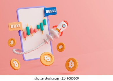 3d rendering concept stock and cryptocurrency trading on smartphone. Up trend candlestick chart with rocket, us dollar coin and bitcoin on pink background with copy space for text or message.