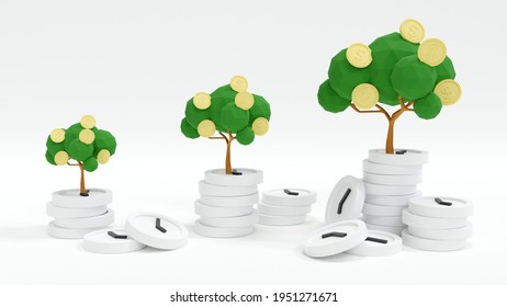 3D Rendering concept of time and money management. Money trees on stack of clocks. 3D Render. 3D illustration.