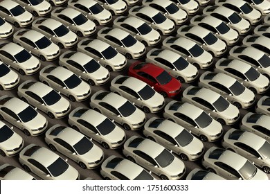 3D Rendering Of The Concept Of Unique With A Red Car Between A Lot Of White Cars