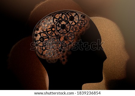 3D rendering of a conceptual image of a human brain made of cogwheels.