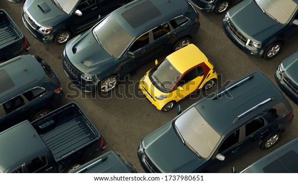 3D rendering\
of a conceptual image of a small eco friendly city cars contrasting\
with big oil consuming\
vehicles.