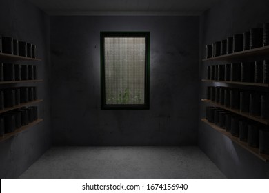 3d Rendering Of A Concrete Air-raid Shelter With Wooden Shelves And A Stock Of Cans