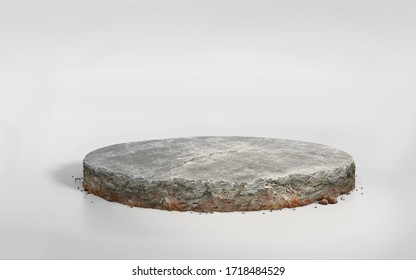 3D Rendering Concrete Cement Floor On Circular Layered Soil Stage, Realistic 3D Round Podium With Stone Ground Isolated On Blue Sky