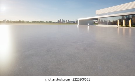 3d rendering of concrete floor, empty space at outdoor. Include blur modern building exterior of showroom, shop or store. Background design with sky, city for auto car product display.
