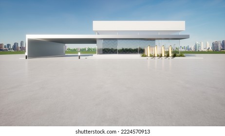 3d rendering of concrete floor, empty space at outdoor. Include blur modern building exterior of showroom, shop or store. Background design with sky, city for auto car product display.
