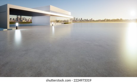 3d rendering of concrete floor, empty space at outdoor. Include blur modern building exterior of showroom, shop or store. Background design with sky, city for auto car product display.
