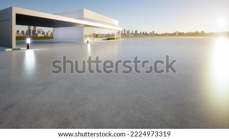 3d rendering of concrete floor, empty space at outdoor. Include blur modern building exterior of showroom, shop or store. Background design with sky, city for auto car product display.
