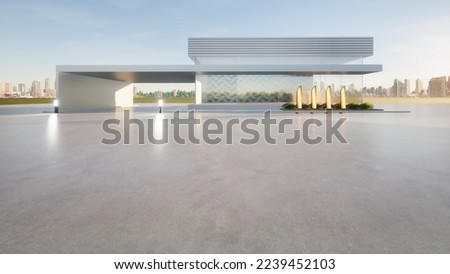 3d rendering of concrete floor, empty space at outdoor. Include blur modern building exterior of showroom, shop or store. Background design with sky, city for auto car product display.