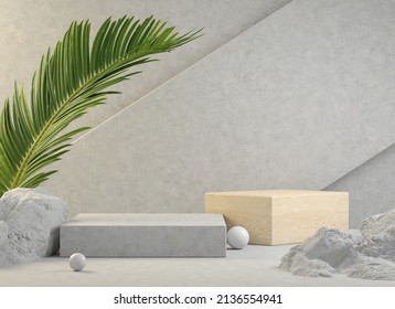 3d Rendering Concrete Wood Podium Display, Palm Tropic Concept, Cement Wall Illustration Background - Shutterstock ID 2136554941