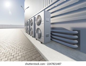 3d rendering of condenser unit or compressor outside factory plant. Unit of ac air conditioner, heating ventilation or hvac air conditioning system. Include fan, coil and pump inside for heat and cool