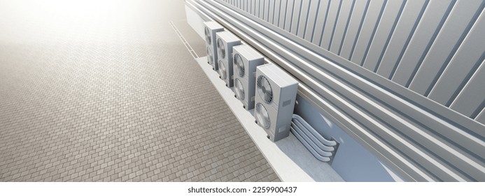 3d rendering of condenser unit or compressor outside factory plant. Unit of ac air conditioner, heating ventilation or hvac air conditioning system. Include fan, coil and pump inside for heat and cool