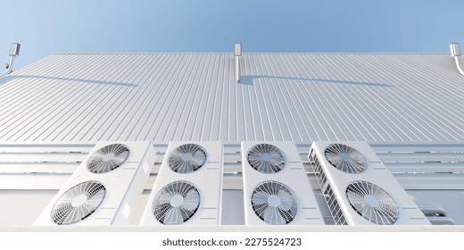 3d rendering of condenser unit or compressor outside factory plant. Unit of ac air conditioner, heating ventilation or hvac air conditioning system. Include fan, coil and pump inside for heat and cool