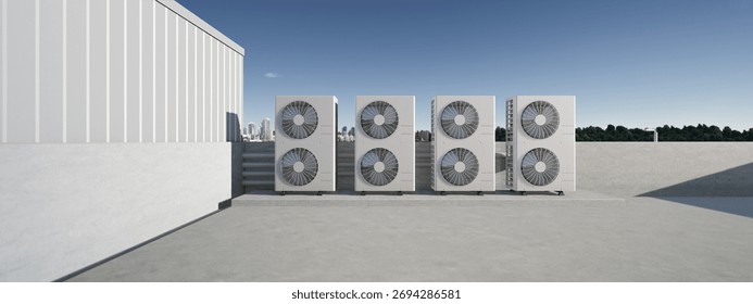 3d rendering of condenser units on rooftop of industrial building, climate control technology in air conditioning HVAC systems. Industrial cooling infrastructure for heat ventilation.