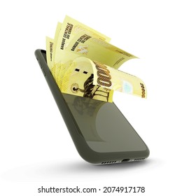 3D rendering  of Congolese Franc notes inside a mobile phone