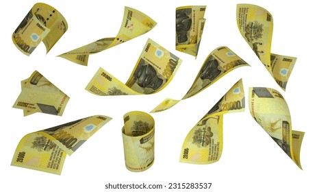 3D rendering of Congolese franc notes flying in different angles and orientations isolated on white background
